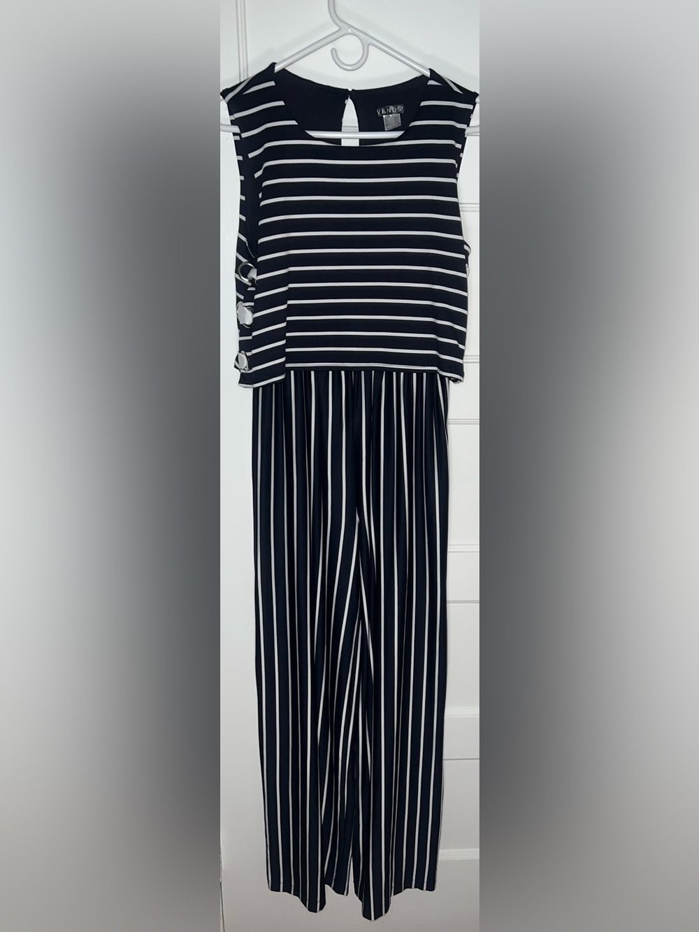 VENUS Sz Small Navy Blue & White Striped 2 layered Too Wide-Leg Jumpsuit